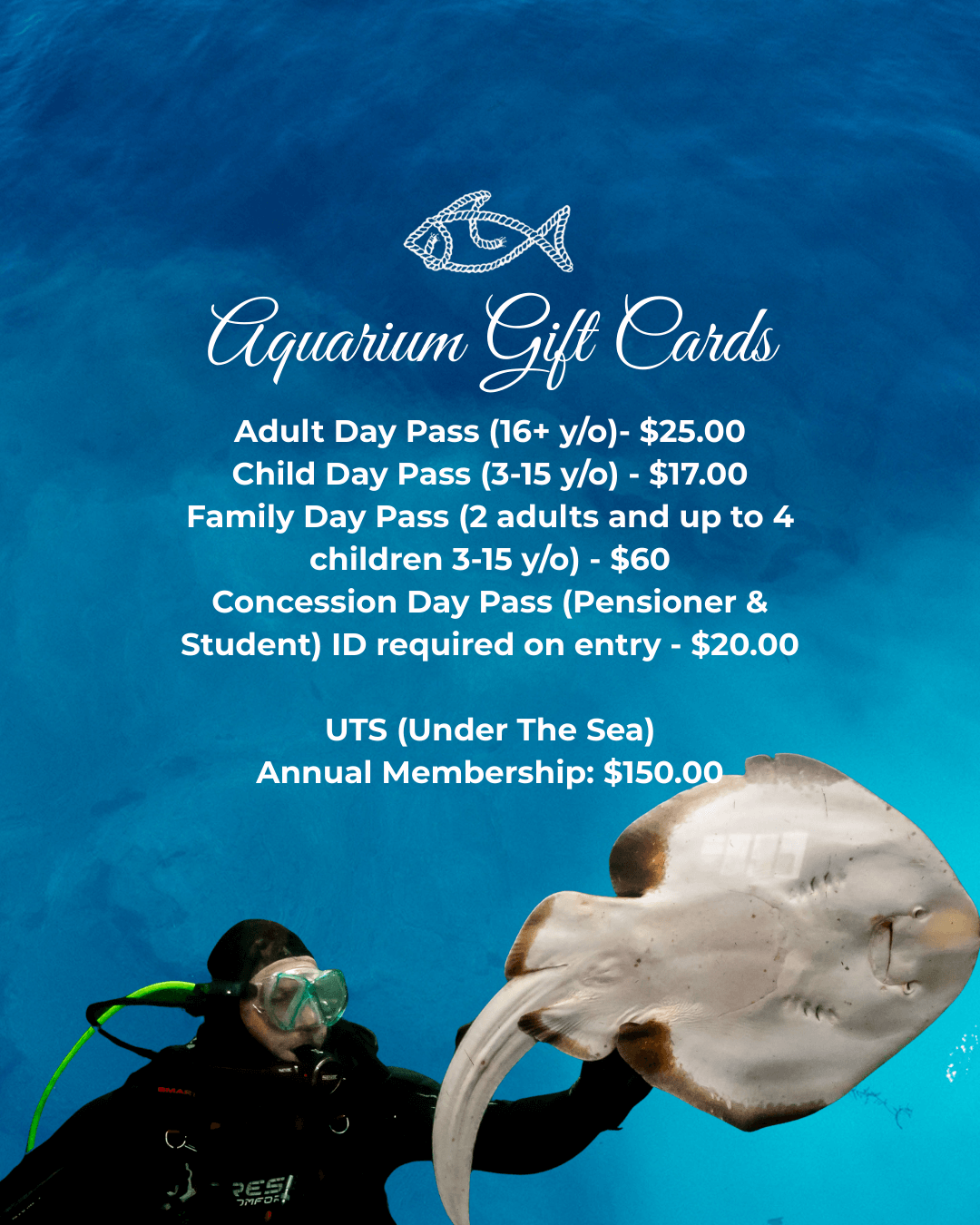 Aquarium gift card pricing information with a diver and stingray on a blue background