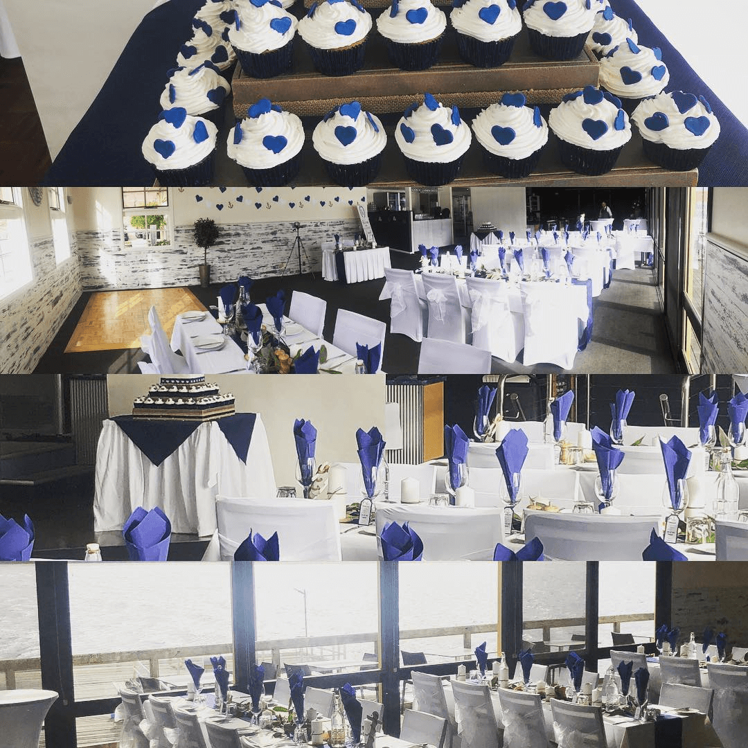 Cupcakes with blue and white decorations on a table, followed by images of a wedding reception setup. Merimbula Restaurant