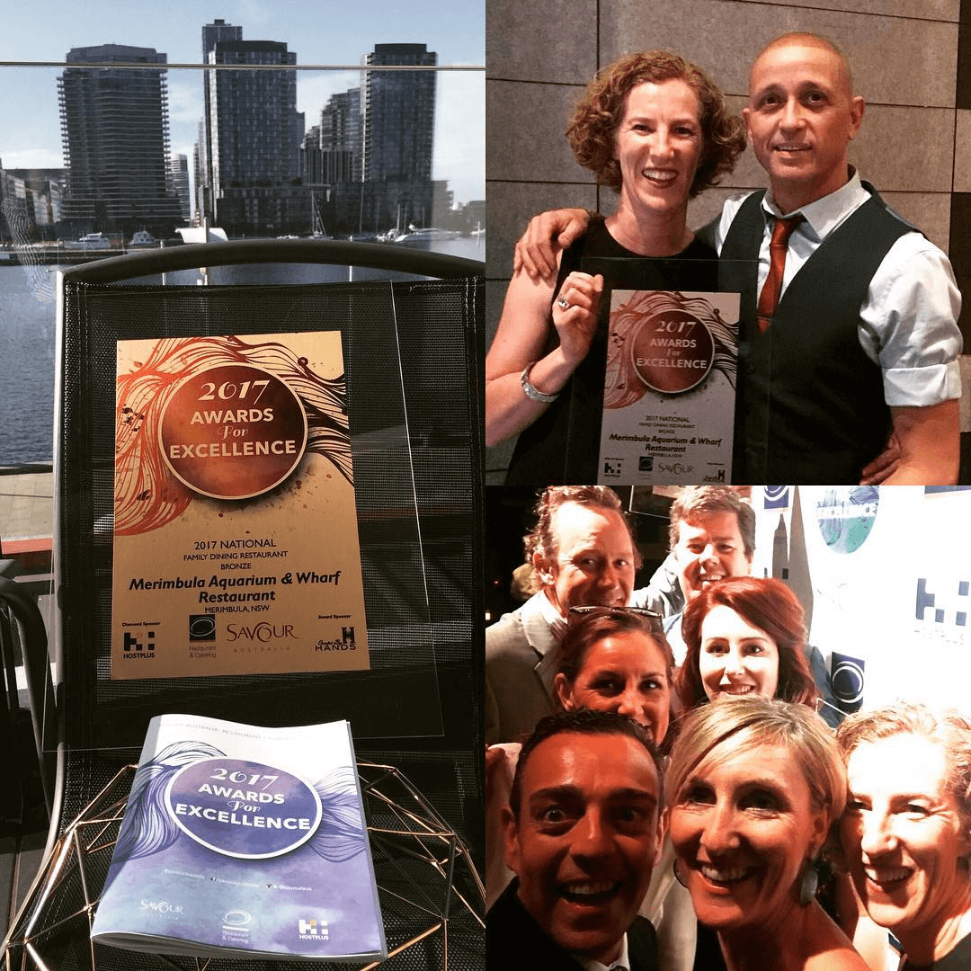 Collage of awards and people with a cityscape background