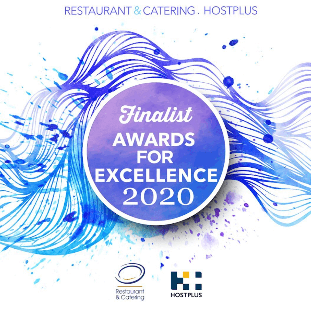 Promotional graphic for Hostplus Awards for Excellence 2020 with blue and purple abstract design.