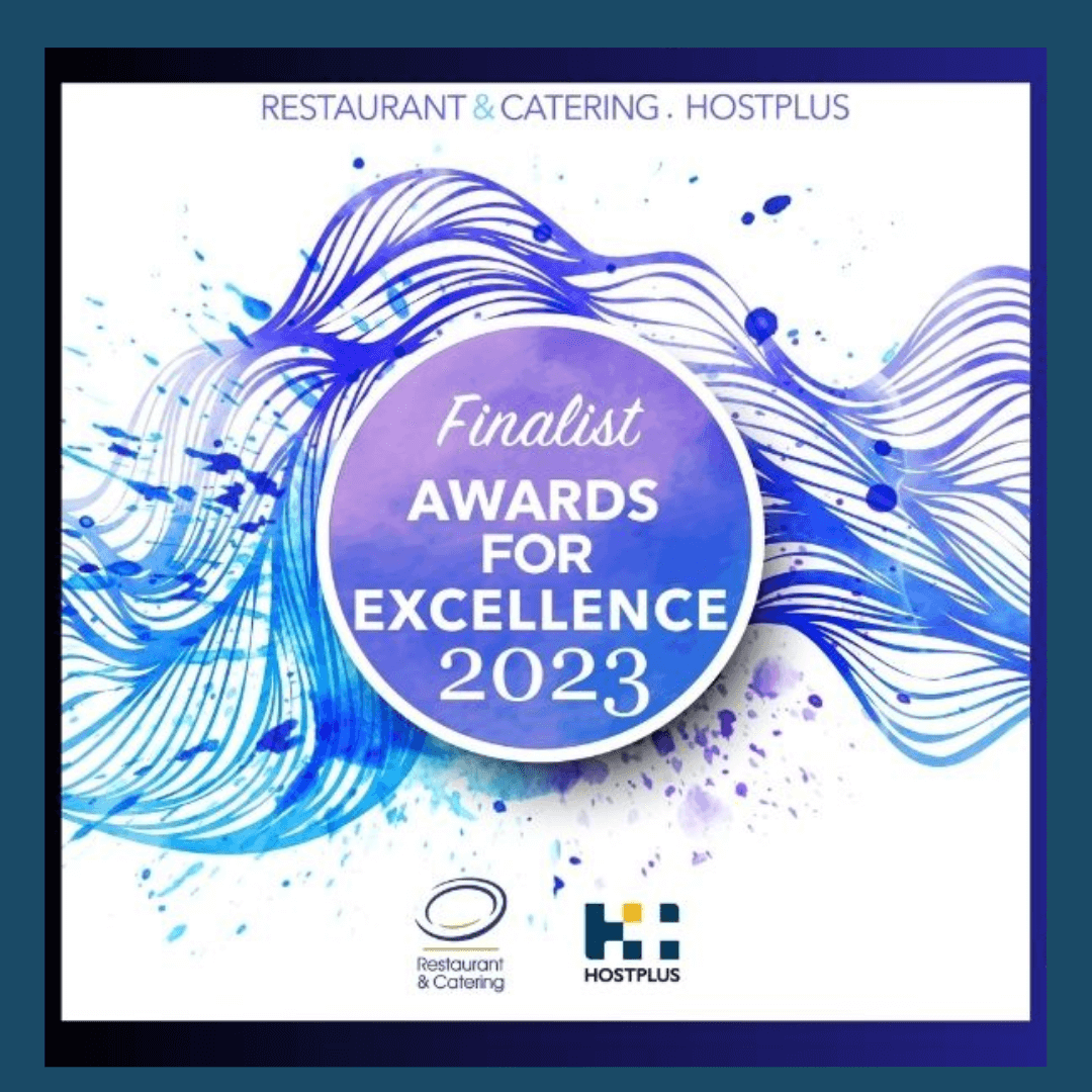 Promotional graphic for 'Finalist Awards for Excellence 2023' in Restaurant & Catering category by Hostplus.