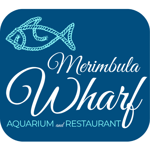 Logo of Merimbula Wharf Aquarium and Restaurant with a fish icon on a blue background